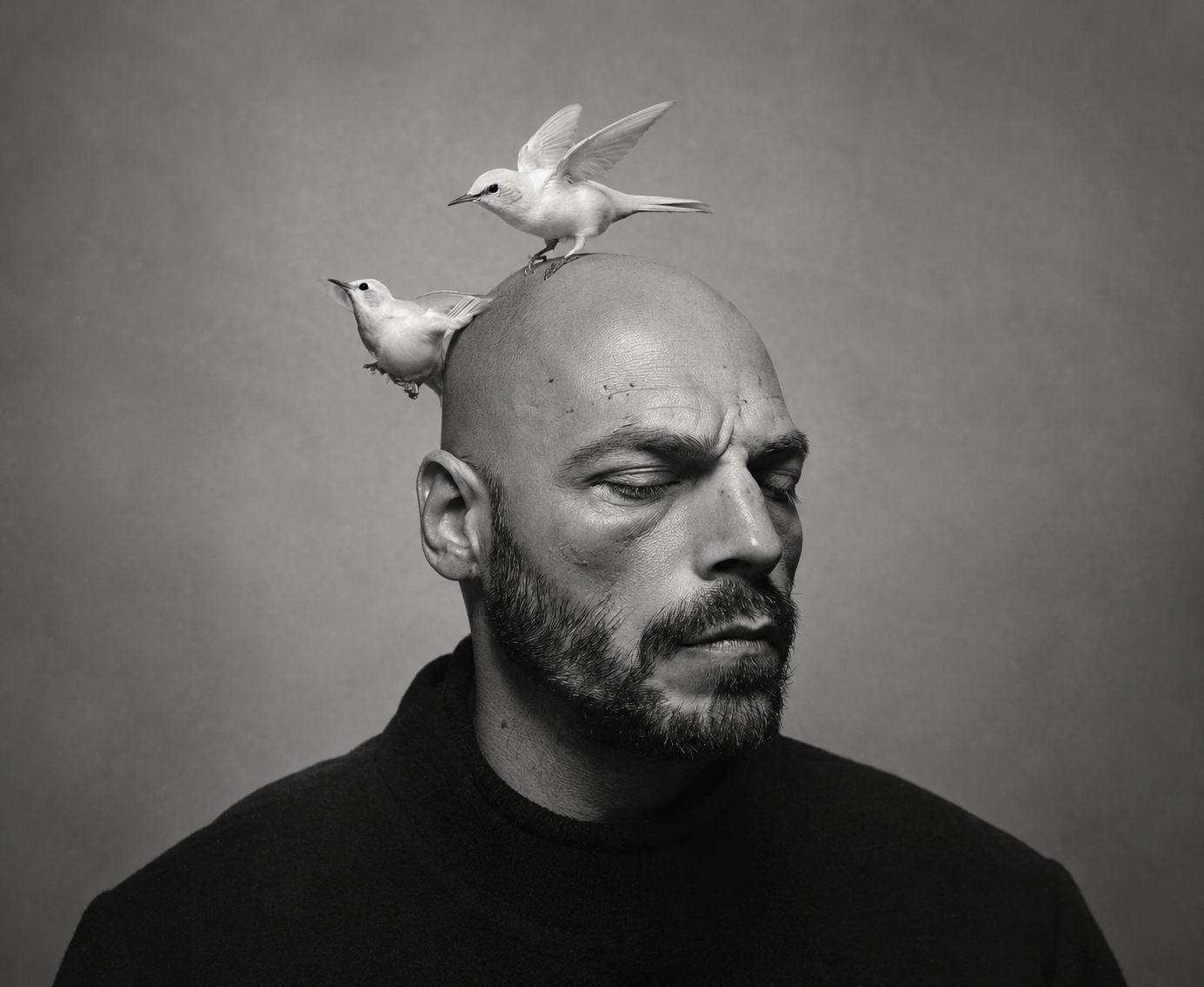 Artistic portrait of Giuseppe Fioretti with hummingbirds. Italian visual artist, 2025.